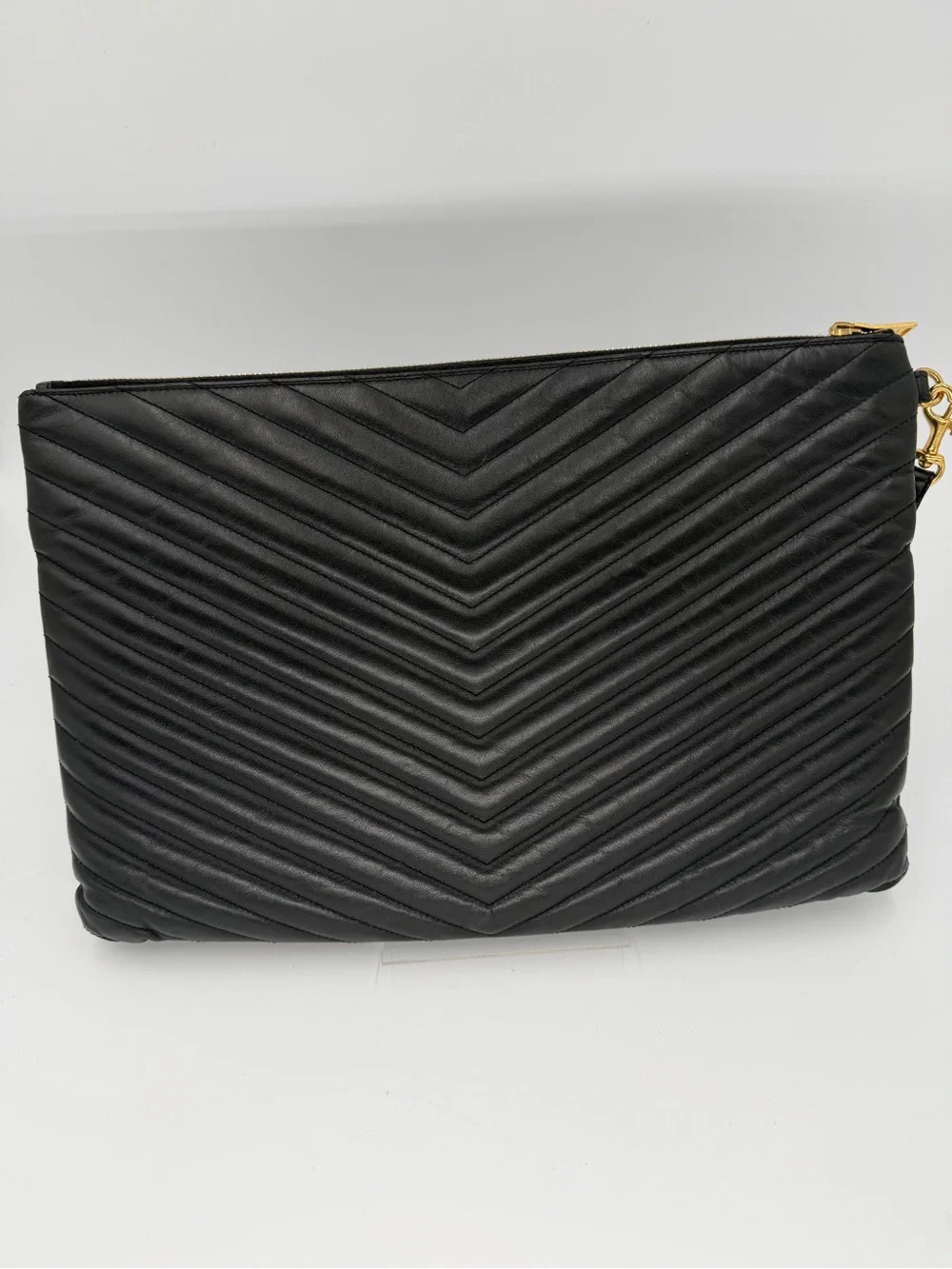 Saint Laurent Black Chevron Leather Wristlet/Clutch w/Gold YSL Logo Entrupy COA